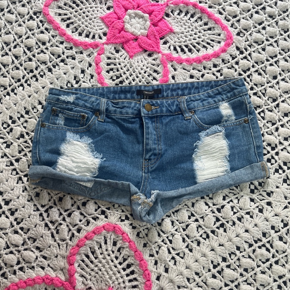 Forever 21 Medium Blue Distressed Rolled-Hem Denim Shorts